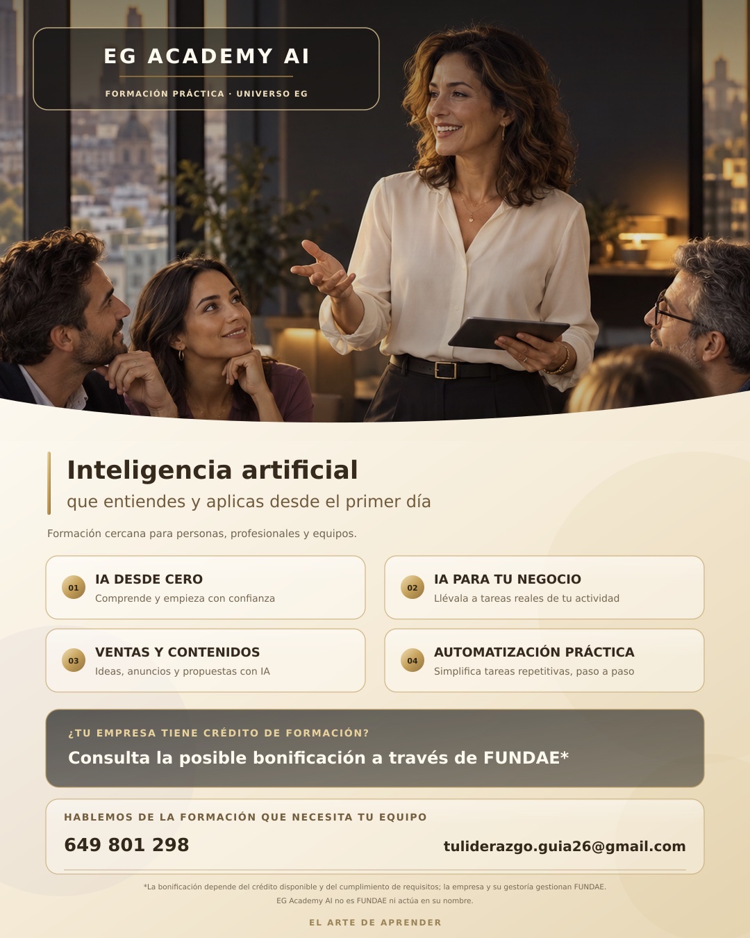 Flyer de EG Academy AI sobre formación para empresas y consulta de posible bonificación a través de FUNDAE